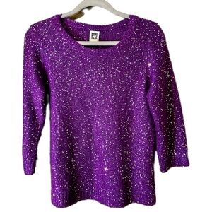 Anne Klein Purple Gold Sequins Crew Neck Sweater 3/4 Sleeve Size Large